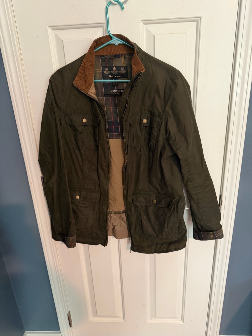 Barbour Olive Green Waxed Cotton Field Jacket with Brown Corduroy - 4oz Wax